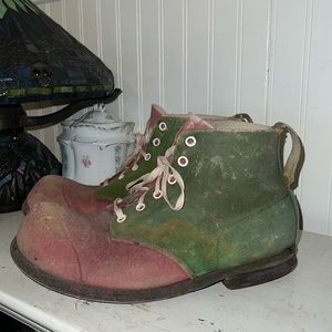 Antique OOAK Handmade clown shoes oversized wool felt & leather pink green